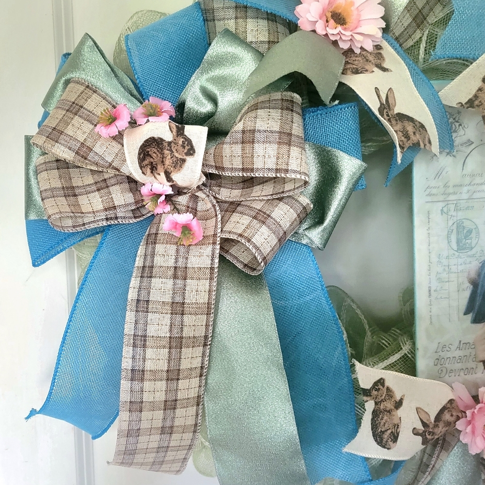 Victorian Gentleman Easter Bunny Wreath Rabbit Deco Mesh Bows Greens Blues Pinks - Picture 6 of 8